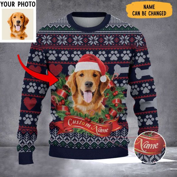 Custom Photo Golden Retriever Ugly Christmas Sweater, Gift Ideas For Dog Lovers