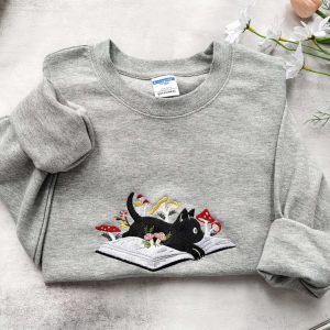 Cute Black Cat Embroidered Sweatshirt 2D…