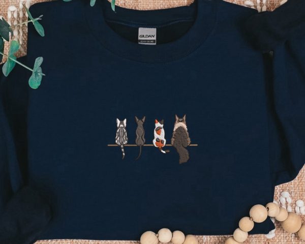 Cute Cat Embroidered Sweatshirt 2D Crewneck Sweatshirt For Men Women