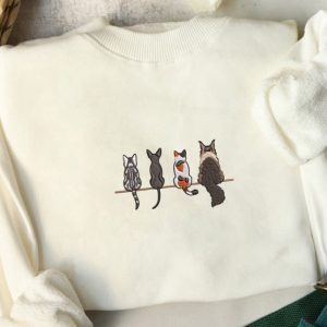 Cute Cat Embroidered Sweatshirt 2D Crewneck…