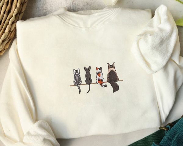 Cute Cat Embroidered Sweatshirt 2D Crewneck Sweatshirt For Men Women