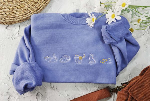 Cute cat Embroidered  Sweatshirt 2D Crewneck Sweatshirt For Family