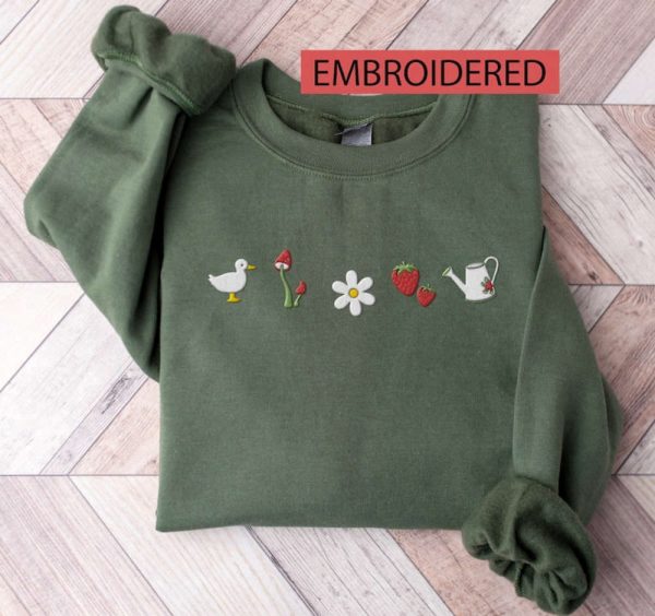 Cute Cottage Core Embroidered Sweatshirt 2D Crewneck Sweatshirt, For Family