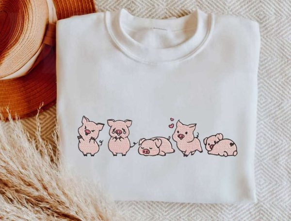 Cute Pigs Embroidered   Sweatshirt 2D Crewneck Sweatshirt For Men Women