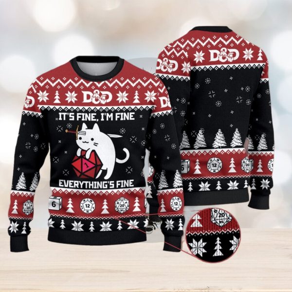 D&D Dragon Woolen Sweater, Funny Cat It’s Fine Everything Fine Ugly Christmas Sweater