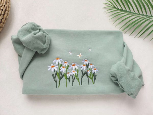 Daisies And Butterfly Embroidered Sweatshirt 2D Crewneck Sweatshirt For Family