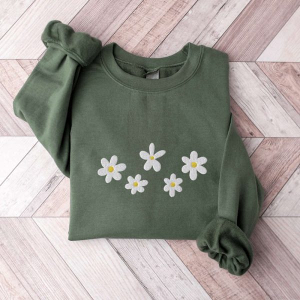 Daisies Embroidered Sweatshirt 2D Crewneck Sweatshirt Gift For Family