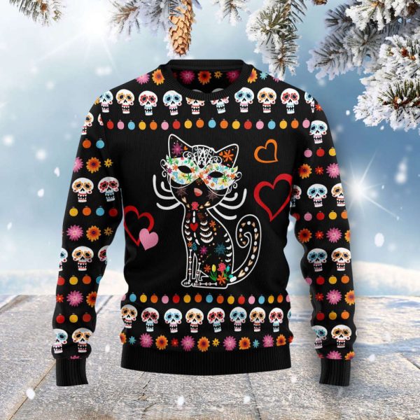 Day Of The Dead Black Cat Ugly Christmas Sweater,  Gift For Christmas, Unisex Crewneck Sweater