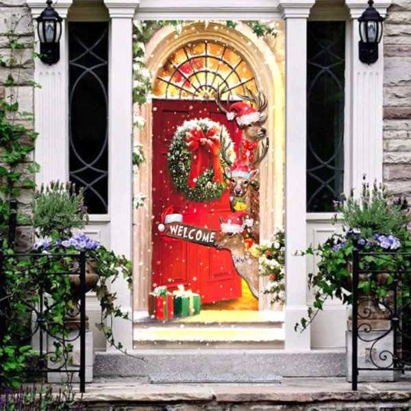 Festive Deer Merry Christmas Door Cover Funny Xmas Home Decor