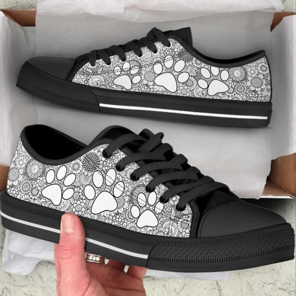 Dog Paw Print Grey Floral Low Top Shoes Canvas Sneakers Casual Shoes