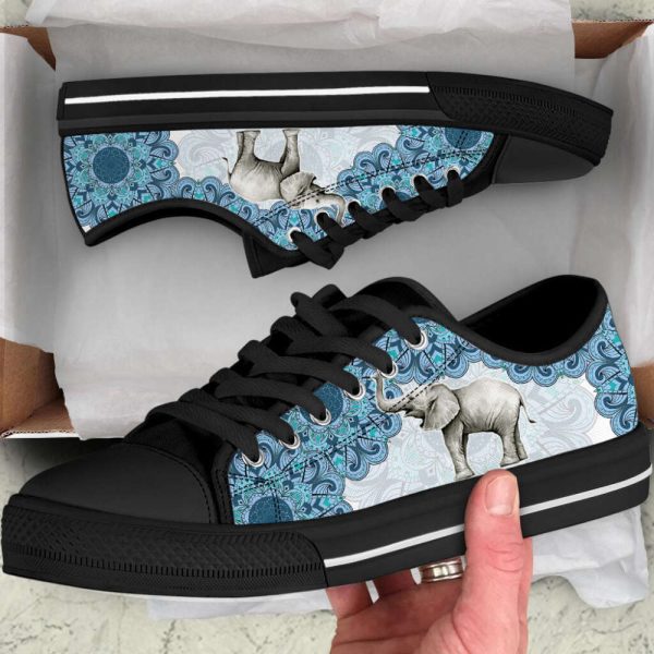 Elephant Watercolor Mandala Blue Low Top Canvas Print Shoes