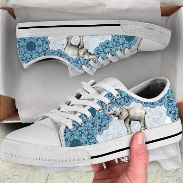 Elephant Watercolor Mandala Blue Low Top Canvas Print Shoes