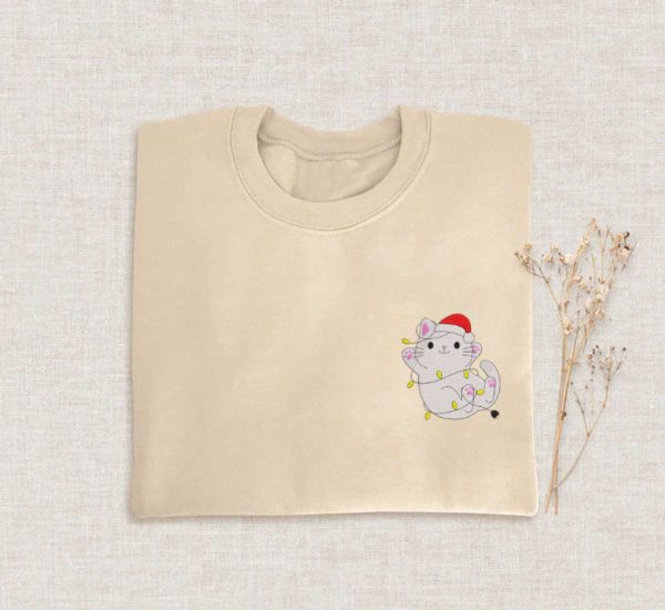 Embroidered Cat Funny Christmas Sweatshirts, Embroidered Crewneck For Cat Lover