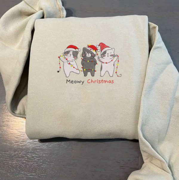 Embroidered Cat Funny Christmas Sweatshirts, Embroidered Crewneck For Family