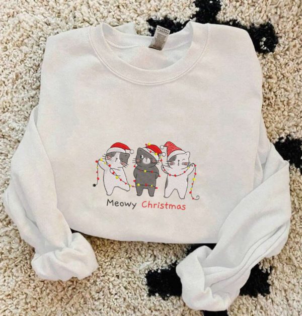 Embroidered Cat Funny Christmas Sweatshirts, Embroidered Crewneck For Family