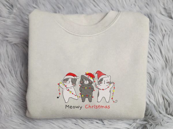 Embroidered Cat Funny Christmas Sweatshirts, Embroidered Crewneck For Family