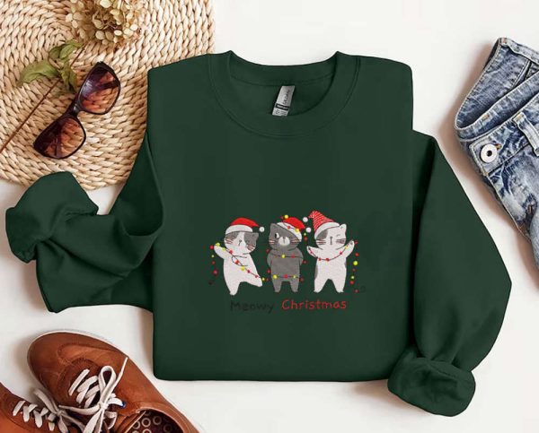 Embroidered Cat Funny Christmas Sweatshirts, Embroidered Crewneck For Family