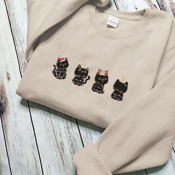 Embroidered Christmas Black Cat Sweatshirt, Meowy Christmas Shirt, For Cat Lovers