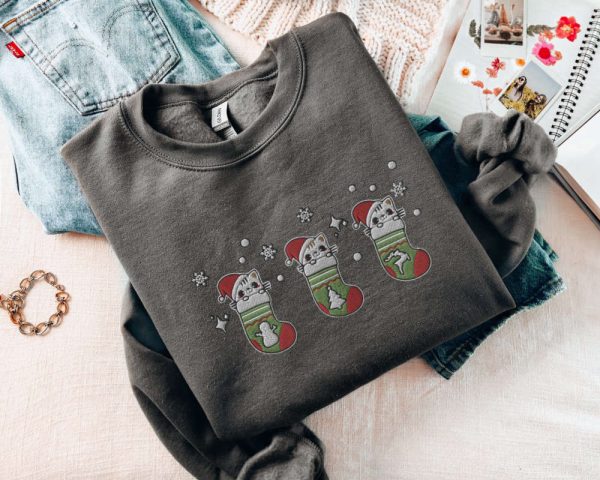 Embroidered Christmas Cat Stockings Sweatshirt, Gift For Cat Lover