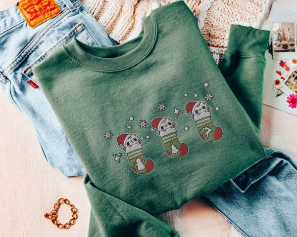 Embroidered Christmas Cat Stockings Sweatshirt, Gift For Cat Lover