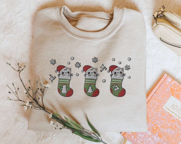 Embroidered Christmas Cat Stockings Sweatshirt, Gift For Cat Lover