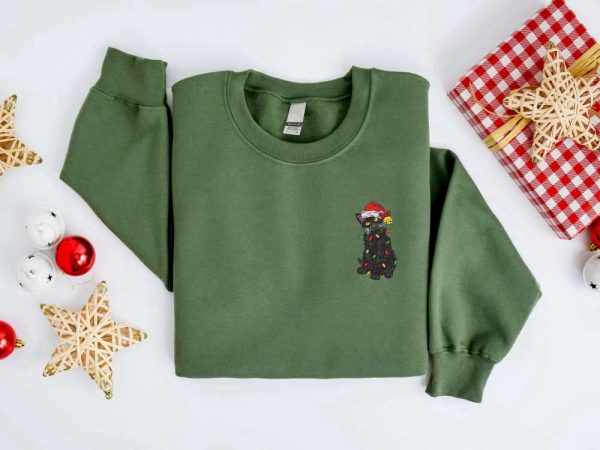 Embroidered Christmas Cat Sweatshirt, Black Cat Christmas Sweater For Christmas