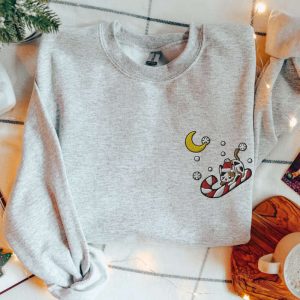 embroidered christmas cat sweatshirt candy cane cat in snowy night cute xmas kitten sweater funny kitty pullover winter catmas crewneck 1.jpeg