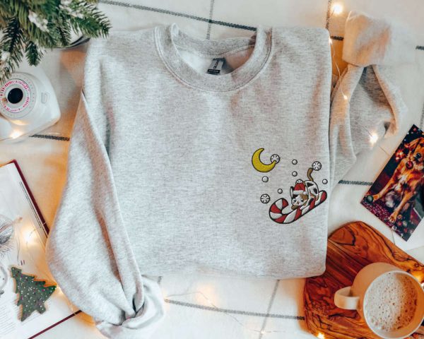 Embroidered Christmas Cat Sweatshirt, Cute Xmas Kitten Sweater, For Cat Lover