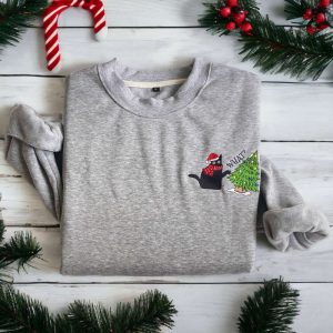 Embroidered Christmas Cat Sweatshirt, Embroidered Black…