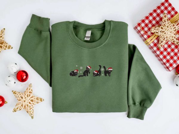 Embroidered Christmas Cat Sweatshirt, Black Cat Santa Christmas Sweatshirt For Family