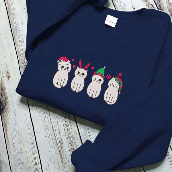 Embroidered Christmas Cat Sweatshirt, Meowy Christmas Sweater, For Cat Lovers