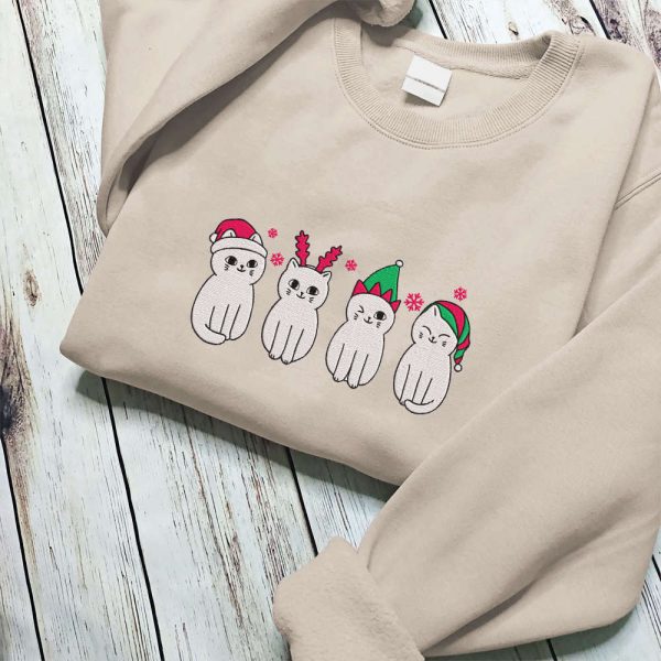 Embroidered Christmas Cat Sweatshirt, Meowy Christmas Sweater, For Cat Lovers