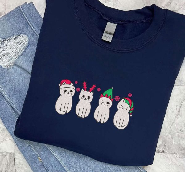 Embroidered Christmas Cat Sweatshirt, Meowy Christmas Sweater, For Cat Lovers