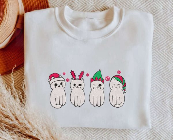 Embroidered Christmas Cat Sweatshirt, Meowy Christmas Sweater, For Cat Lovers