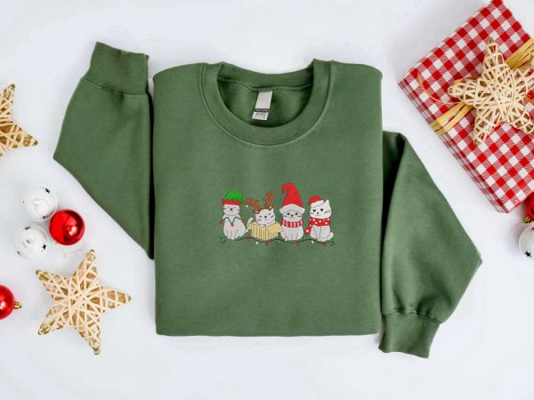 Embroidered Christmas Cat Sweatshirt, Meowy Santa Christmas Sweater For Family