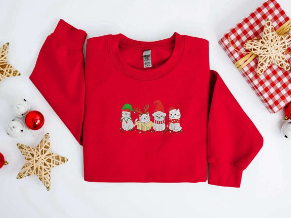 Embroidered Christmas Cat Sweatshirt, Meowy Santa Christmas Sweater For Family