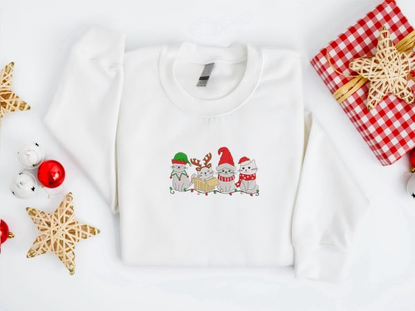 Embroidered Christmas Cat Sweatshirt, Meowy Santa Christmas Sweater For Family
