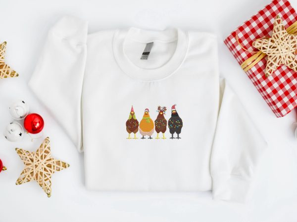 Embroidered Christmas Chickens Sweatshirt, Chicken Farm Sweater For Family