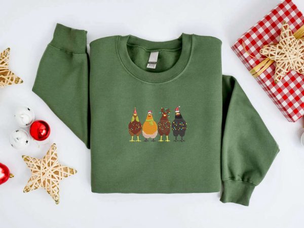 Embroidered Christmas Chickens Sweatshirt, Chicken Farm Sweater For Family