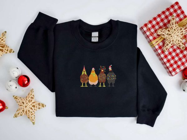 Embroidered Christmas Chickens Sweatshirt, Chicken Farm Sweater For Family