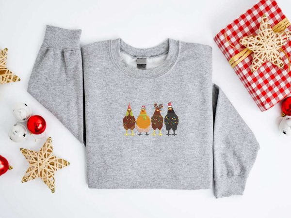 Embroidered Christmas Chickens Sweatshirt, Chicken Farm Sweater For Family