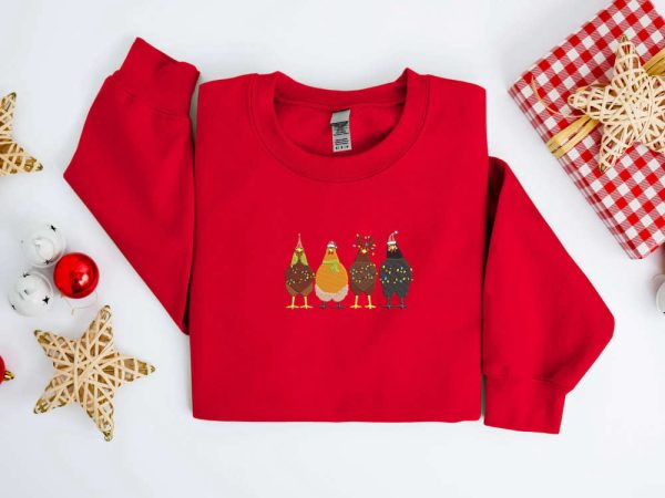 Embroidered Christmas Chickens Sweatshirt, Chicken Farm Sweater For Family