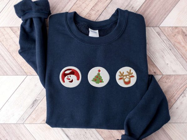 Embroidered Christmas Cookies Sweatshirt, Santa Reindeer Crewneck For Christmas