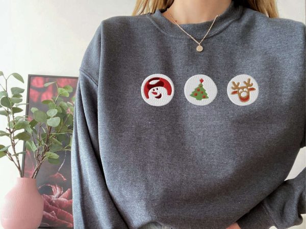 Embroidered Christmas Cookies Sweatshirt, Santa Reindeer Crewneck For Christmas