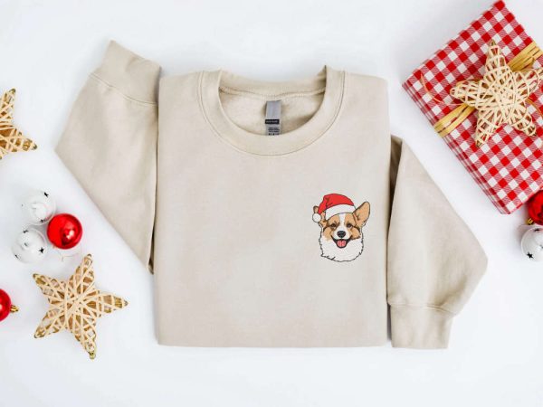 Embroidered Christmas Corgi Dog Sweatshirt, Embroidered Sweater For Family