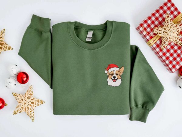 Embroidered Christmas Corgi Dog Sweatshirt, Embroidered Sweater For Family