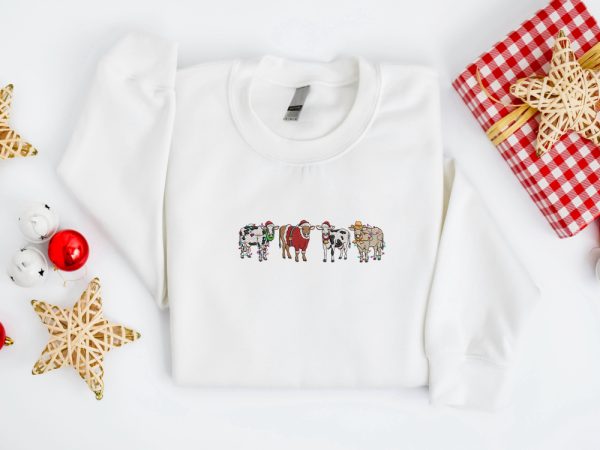 Embroidered Christmas Cow Sweatshirt, Embroidered Cows Sweater For Christmas