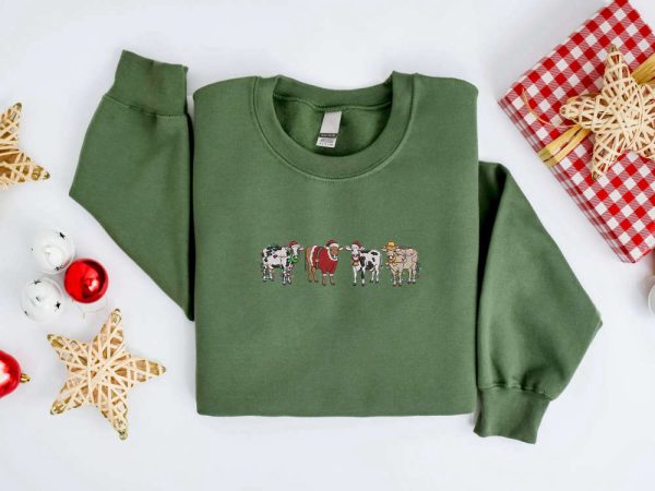 Embroidered Christmas Cow Sweatshirt, Embroidered Cows Sweater For Christmas