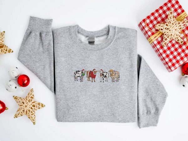 Embroidered Christmas Cow Sweatshirt, Embroidered Cows Sweater For Christmas