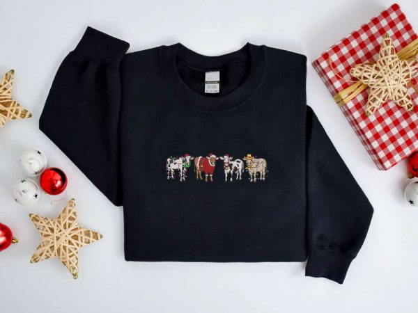 Embroidered Christmas Cow Sweatshirt, Embroidered Cows Sweater For Christmas